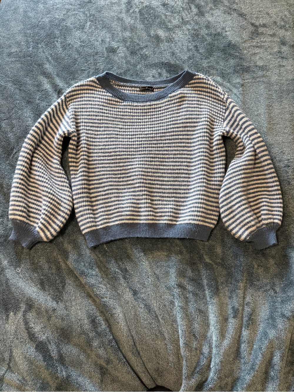 Off-the-Shoulder Striped Knit Sweater in Blue and Cream